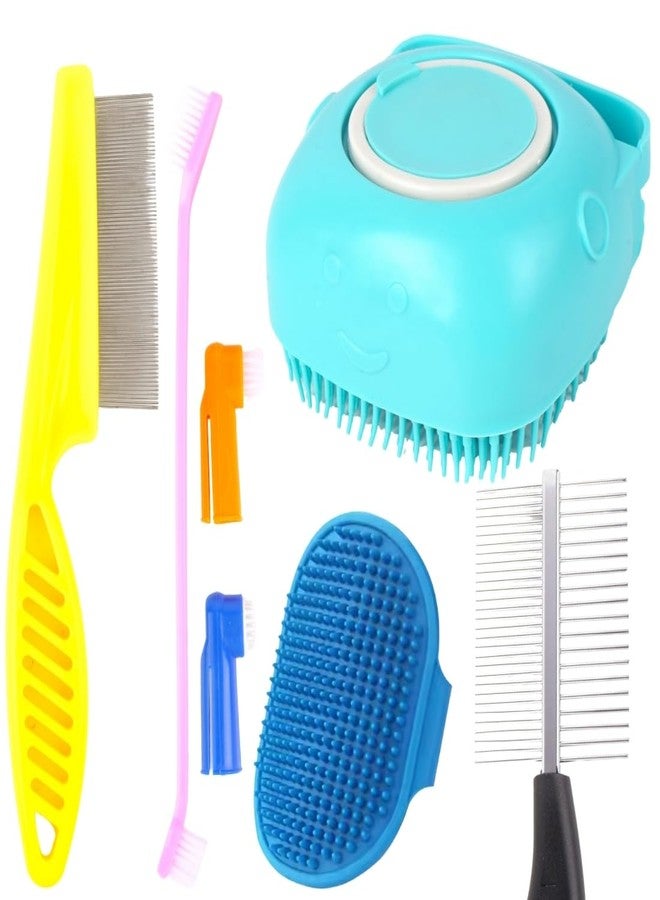 REGIIS Pet Grooming Kit, 5-Piece Dog Brush Set with Silicone Shampoo Brush, Metal Combs, Deshedding Tools, Turquoise, Blue, Yellow - Image 1